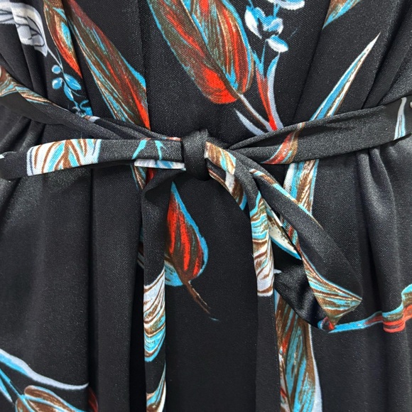 Vintage Feather Print Belted Polyester Long Sleeve Shift Dress - Picture 3 of 7